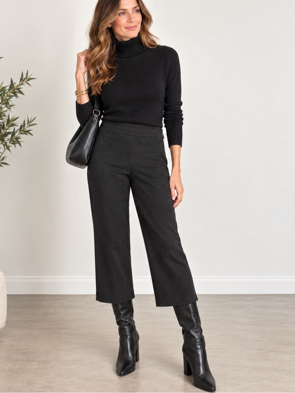 Women’s Size 14 Black Faux Suede Cropped Pants Side Zip Ankle Stretch